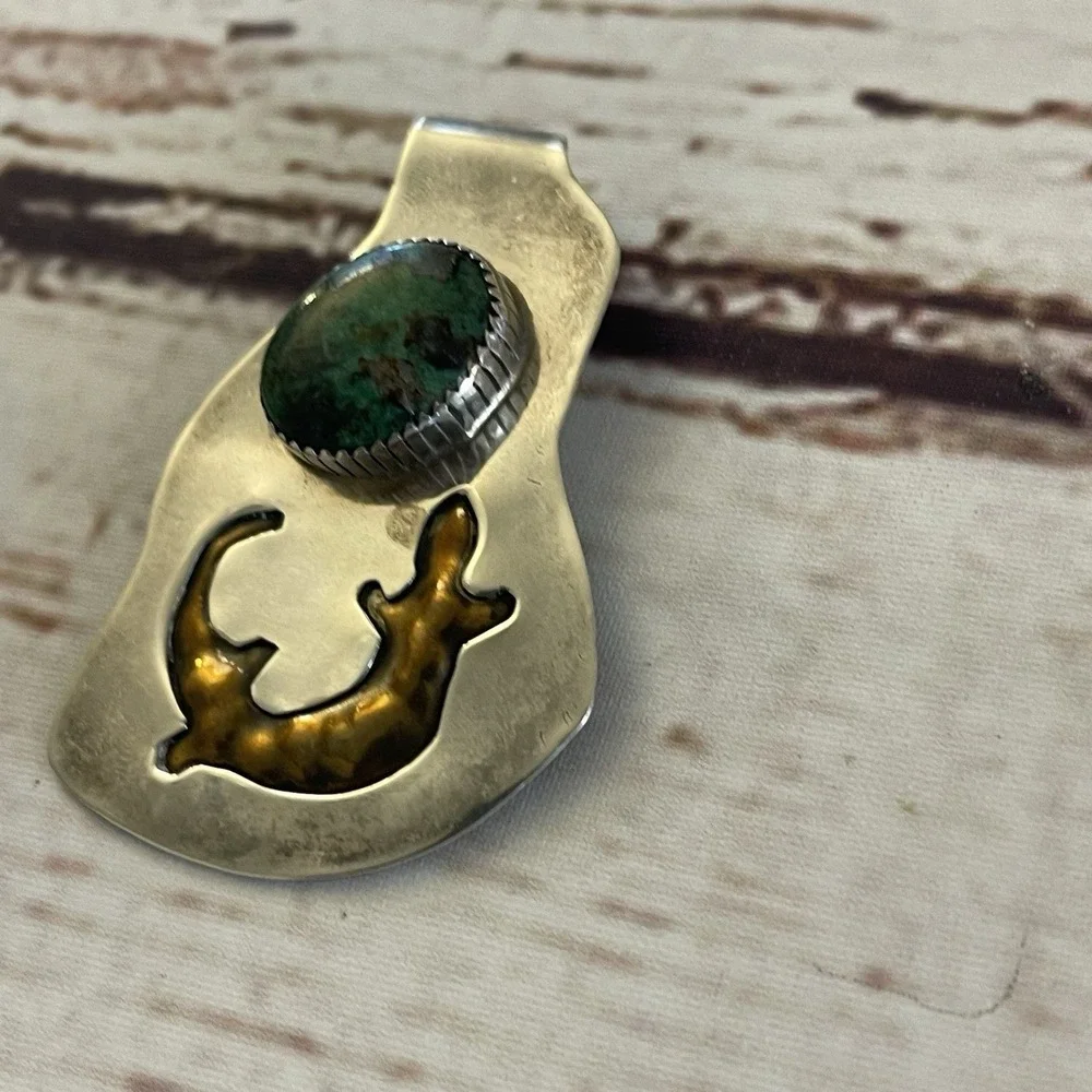 Native American Handmade‎ Sterling Silver Brass Turquoise Salamander Money Clip